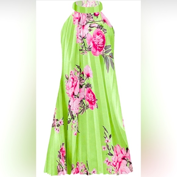 Elegant Lime/Mint and Pink Floral Pleated Dress, NWOT - Picture 2 of 4